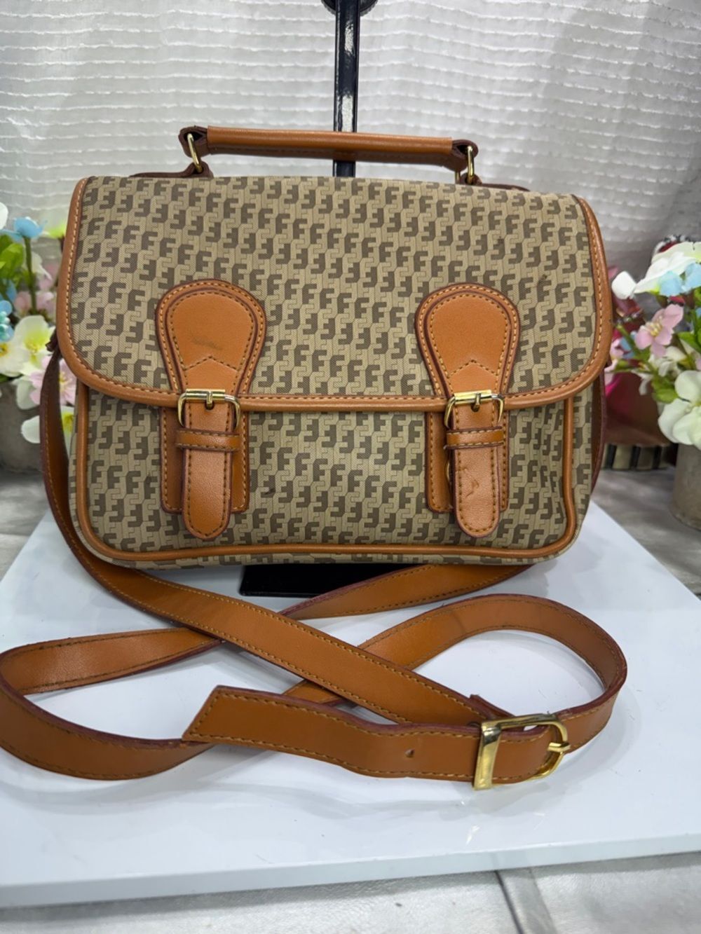 (X1) Bag Women's vintage camel-colored crossbody shoulder with monogram print